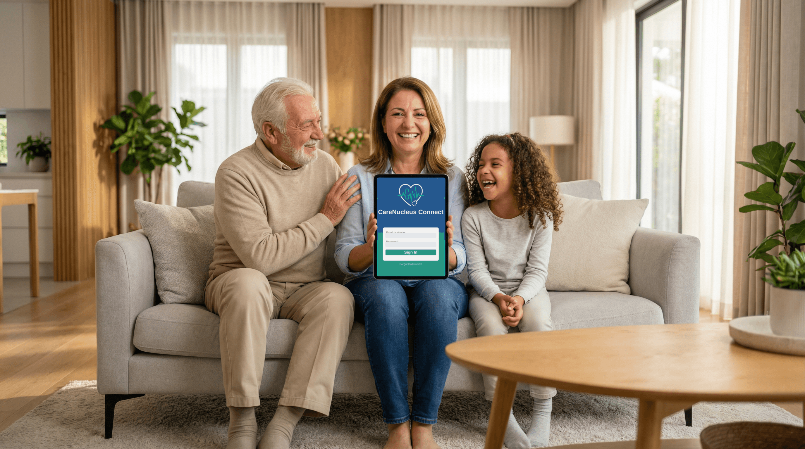 Multi-generational family using CareNucleus Connect on tablet—healthcare technology that brings families together